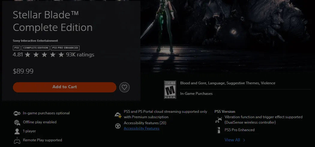 US PlayStation Store listing for Stellar Blade Complete Edition showing PS5, Complete Edition and PS5 Pro Enhanced badges, a 4.81 star rating from 93 thousand ratings and a price of 89.99 dollars