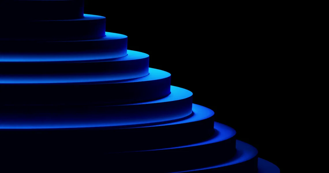 Abstract glowing blue steps on a dark background