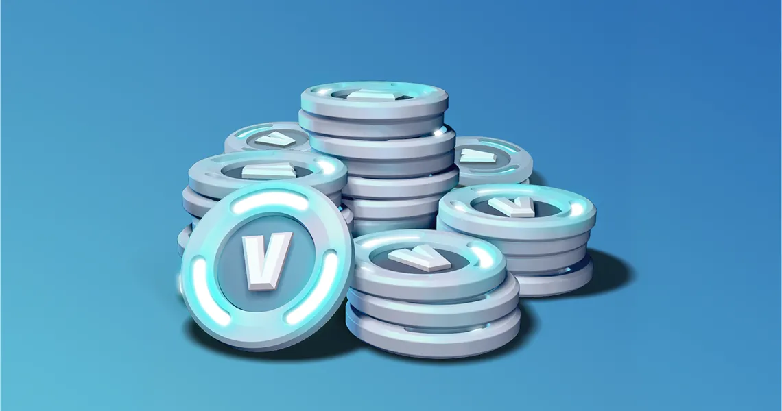 Stacks of Fortnite V-Bucks coins on a blue background