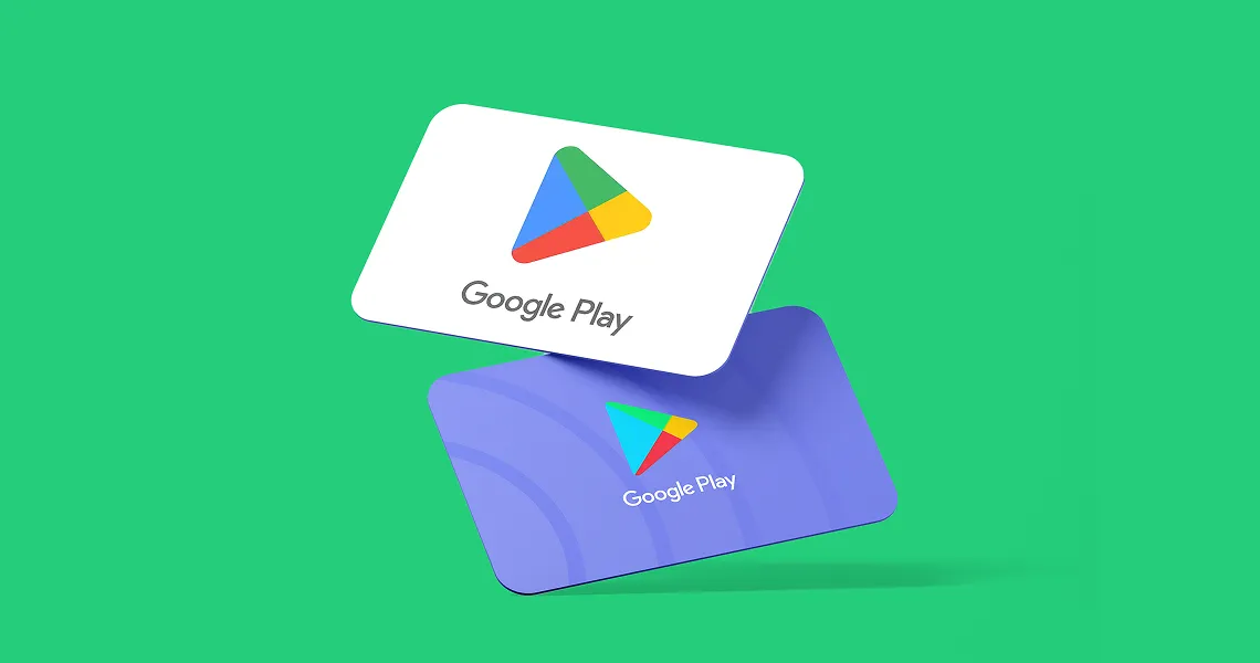 Two Google Play gift cards on a green background