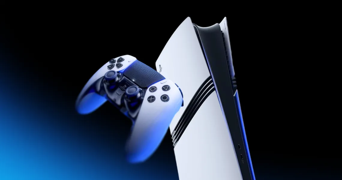 A PlayStation 5 console with a DualSense controller