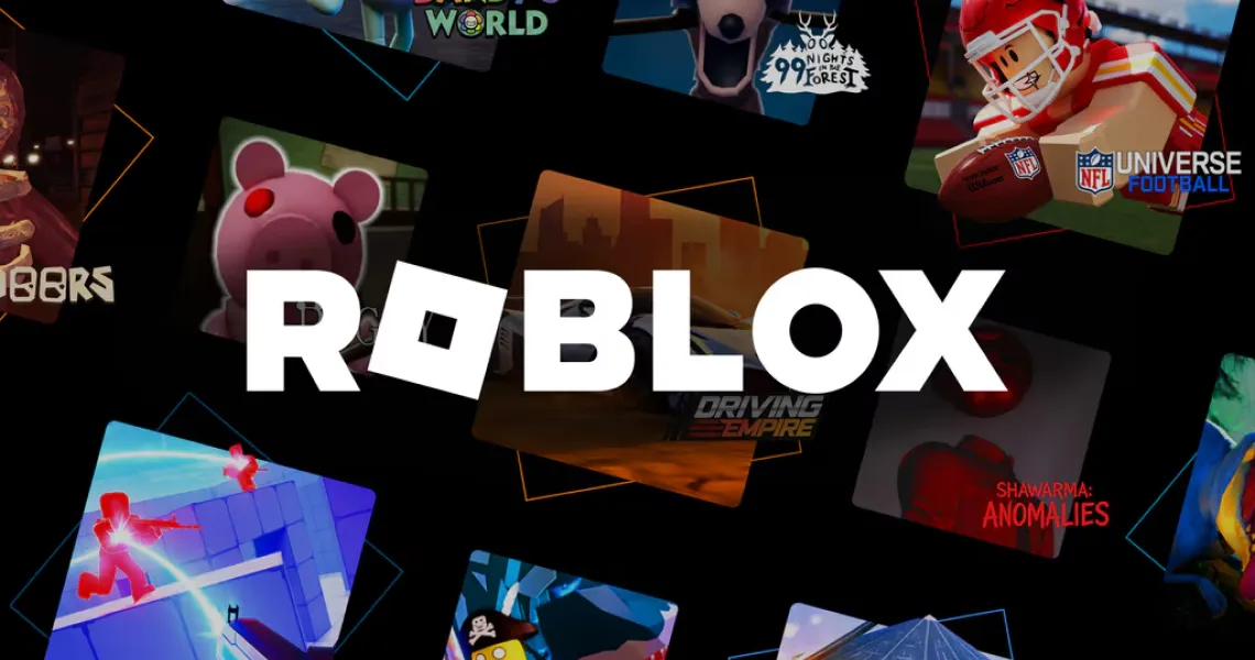 The Roblox logo over tiles from popular Roblox games