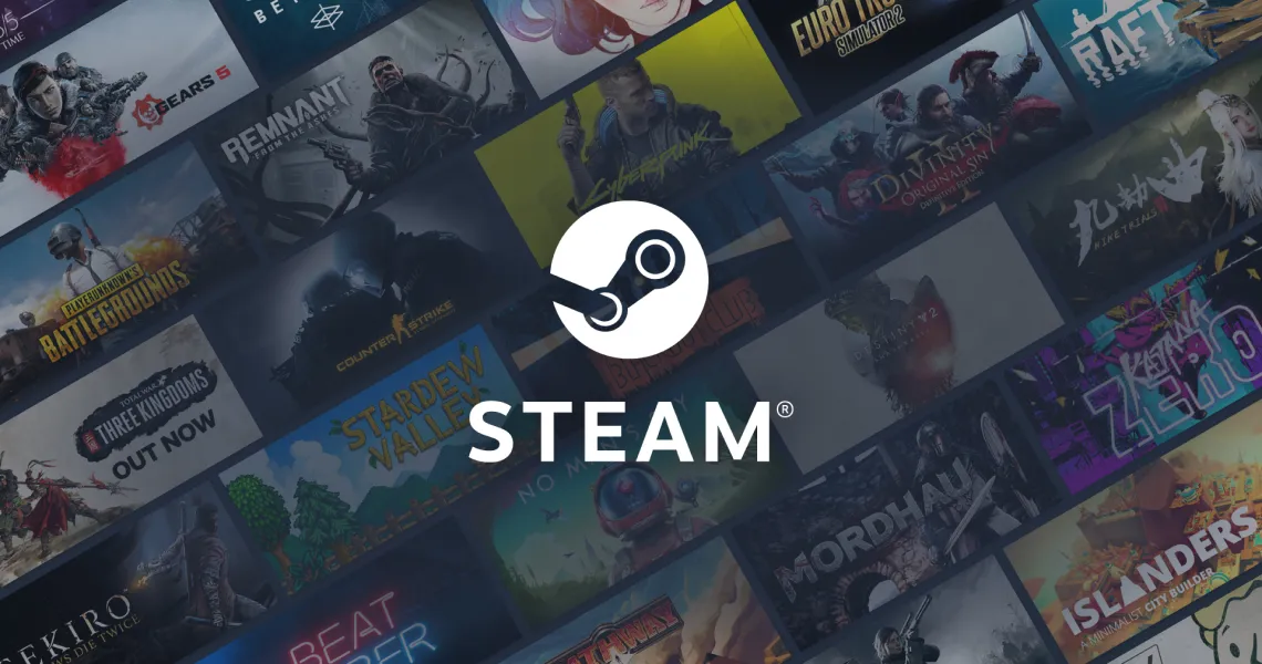 The Steam logo over a grid of PC game covers