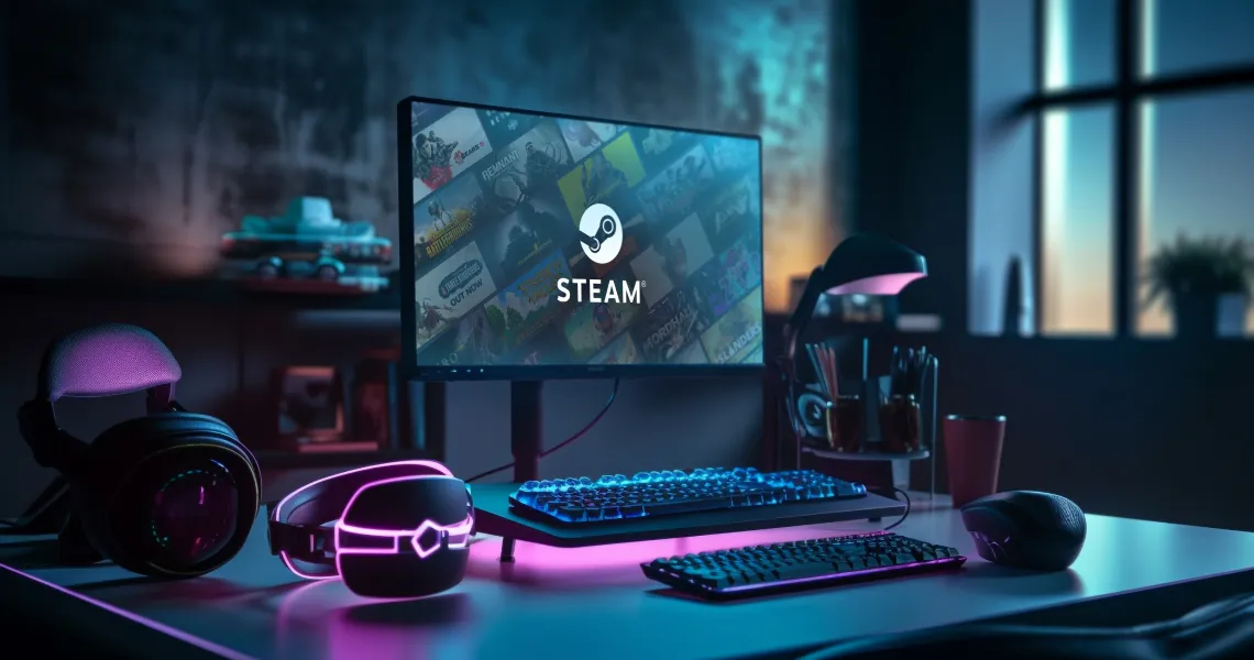 A gaming desk with Steam open on the monitor