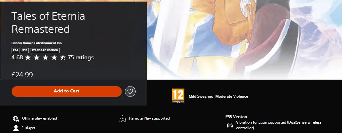 UK PlayStation Store listing for Tales of Eternia Remastered on PS4 and PS5, Standard Edition, showing £24.99, a 4.68-star rating from 75 ratings, an Add to Cart button and a PEGI 12 rating