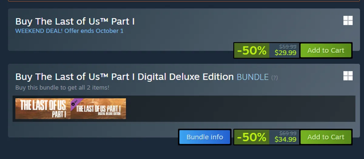 Steam purchase box for The Last of Us Part I showing a Weekend Deal label reading Offer ends October 1, minus 50 percent from $59.99 to $29.99, and the Digital Deluxe Edition bundle at minus 50 percent from $69.99 to $34.99