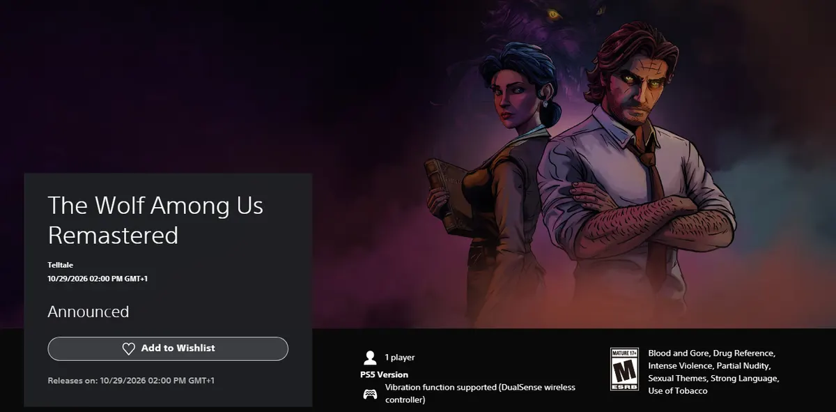 US PlayStation Store page for The Wolf Among Us Remastered by Telltale, marked Announced, with an Add to Wishlist button and Releases on 10/29/2026 02:00 PM GMT+1, PS5 version, 1 player, ESRB Mature 17+