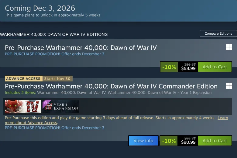 Steam purchase box for Warhammer 40,000: Dawn of War IV: Coming Dec 3, 2026; Standard pre-purchase $59.99 reduced 10% to $53.99; Commander Edition with Advance Access starting Nov 30, including the base game and Year 1 Expansion, $89.99 reduced to $80.99; offer ends December 3