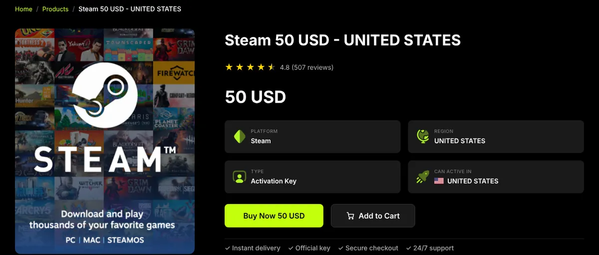 Virtwave product page for the Steam 50 USD United States gift card: platform Steam, region United States, type activation key, can activate in United States, Buy Now 50 USD