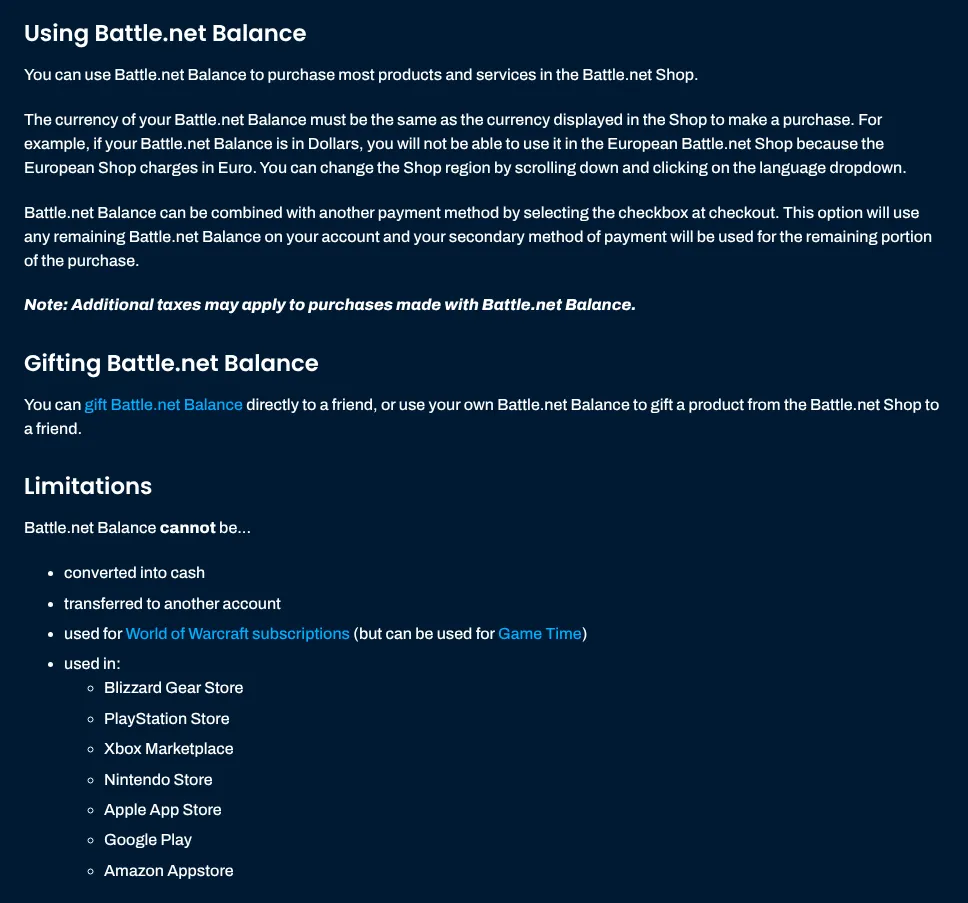 Blizzard support article on Battle.net Balance: balance must match the shop currency, can be combined with another payment method, and cannot be used for World of Warcraft subscriptions but can be used for Game Time