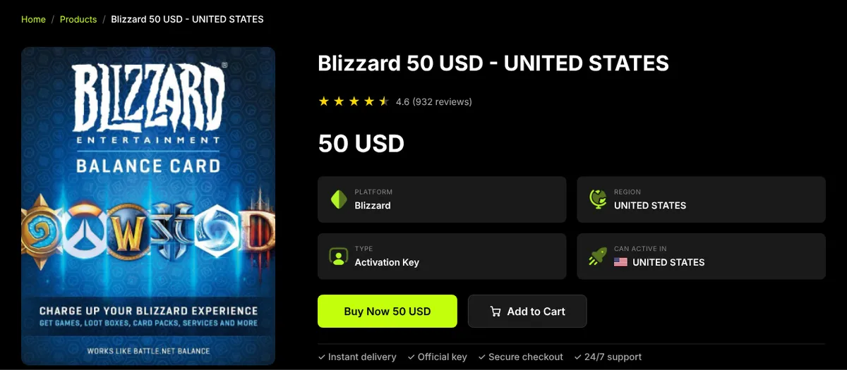 Virtwave product page for the Blizzard 50 USD United States balance card, showing platform Blizzard, region United States, type Activation Key and can activate in United States