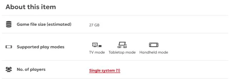 The About this item table on Nintendo’s US store page for Ocarina of Time, showing Game file size (estimated) 27 GB, TV, tabletop and handheld modes, and a single-system player count of 1