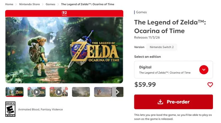 The US Nintendo Store page for The Legend of Zelda: Ocarina of Time on Nintendo Switch 2, showing Releases 11/5/26, the Digital edition at $59.99, a Pre-order button and the line saying pre-ordering lets you pre-load the game