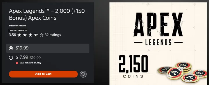 The US PlayStation Store page for Apex Legends 2,000 (+150 Bonus) Apex Coins, showing $19.99 and an EA Play price of $17.99 labelled Save 10% with EA Play