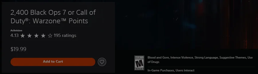 The US PlayStation Store page for 2,400 Black Ops 7 or Call of Duty: Warzone Points, showing the price $19.99 above the Add to Cart button