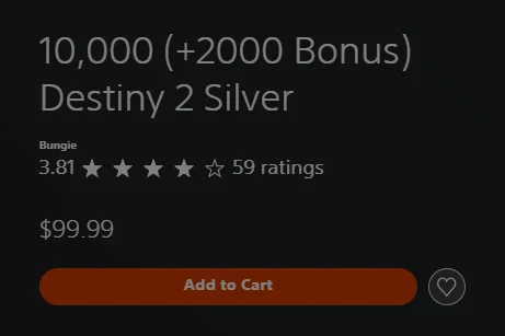The US PlayStation Store listing for 10,000 (+2000 Bonus) Destiny 2 Silver, priced $99.99