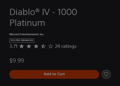 The US PlayStation Store listing for Diablo IV - 1000 Platinum, priced $9.99