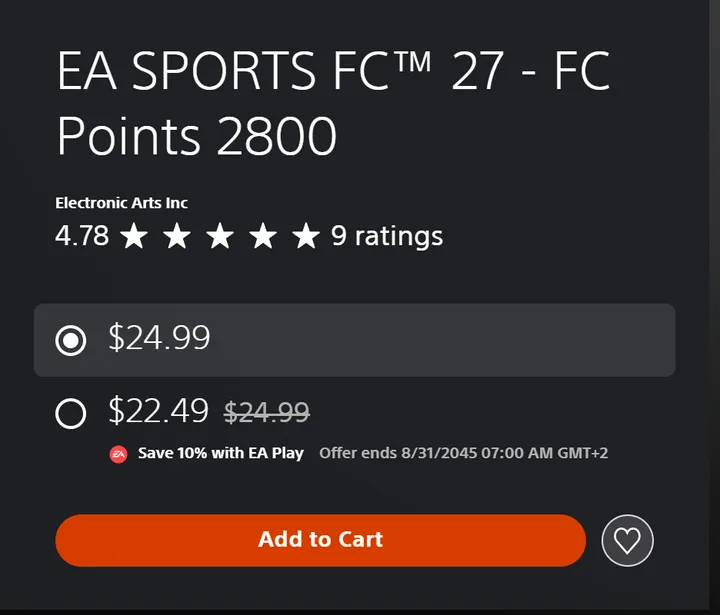 The US PlayStation Store page for EA SPORTS FC 27 FC Points 2800, showing $24.99 and an EA Play price of $22.49 labelled Save 10% with EA Play