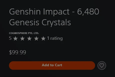 The US PlayStation Store listing for Genshin Impact - 6,480 Genesis Crystals by COGNOSPHERE PTE. LTD., showing the price $99.99 and an Add to Cart button