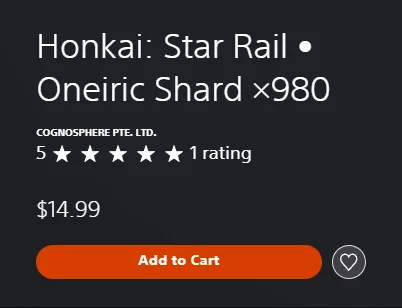 The US PlayStation Store listing for Honkai: Star Rail Oneiric Shard x980, showing the price $14.99 and an Add to Cart button