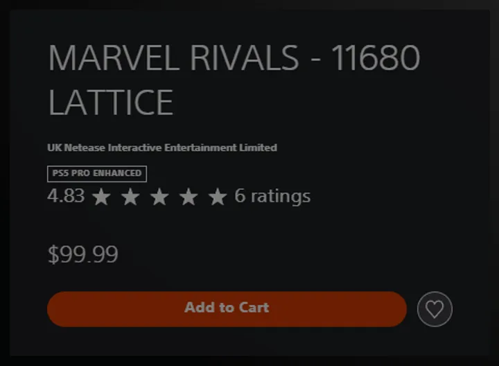 The US PlayStation Store page for MARVEL RIVALS - 11680 LATTICE by UK Netease Interactive Entertainment Limited, priced at $99.99