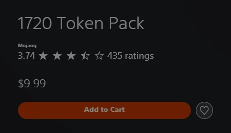 The US PlayStation Store listing for the Minecraft 1720 Token Pack by Mojang, priced $9.99