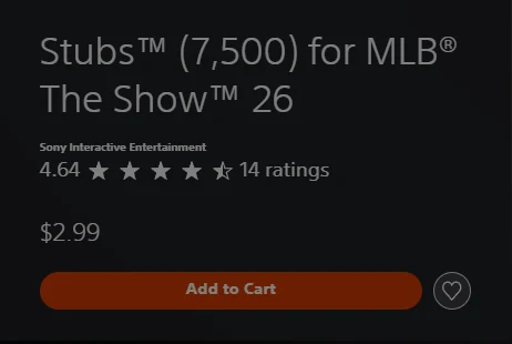 The US PlayStation Store listing for Stubs (7,500) for MLB The Show 26, priced $2.99