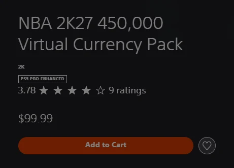The US PlayStation Store listing for the NBA 2K27 450,000 Virtual Currency Pack, priced $99.99