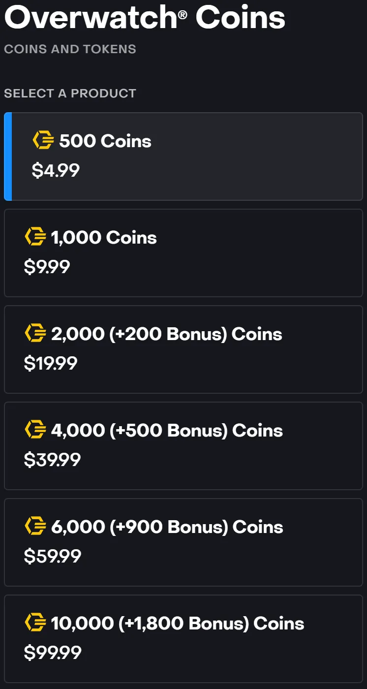 The US Battle.net shop page for Overwatch Coins listing six packs: 500 Coins $4.99, 1,000 Coins $9.99, 2,000 (+200 Bonus) $19.99, 4,000 (+500 Bonus) $39.99, 6,000 (+900 Bonus) $59.99 and 10,000 (+1,800 Bonus) $99.99