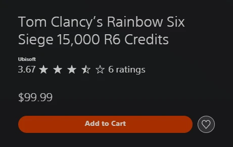 The US PlayStation Store listing for Tom Clancy’s Rainbow Six Siege 15,000 R6 Credits, priced $99.99