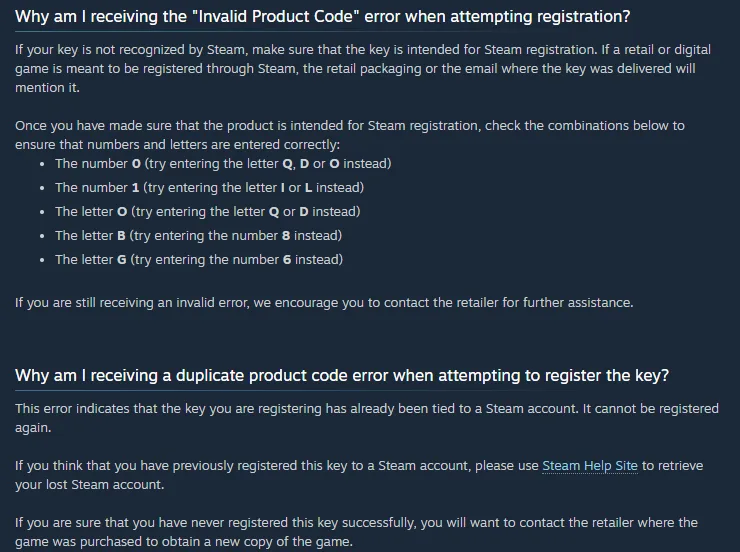Steam Support’s Retail CD Keys page explaining the Invalid Product Code error, with Valve’s list of characters to try instead — 0 for Q, D or O, 1 for I or L, O for Q or D, B for 8, G for 6 — and the duplicate product code error, which says the key has already been tied to a Steam account and cannot be registered again
