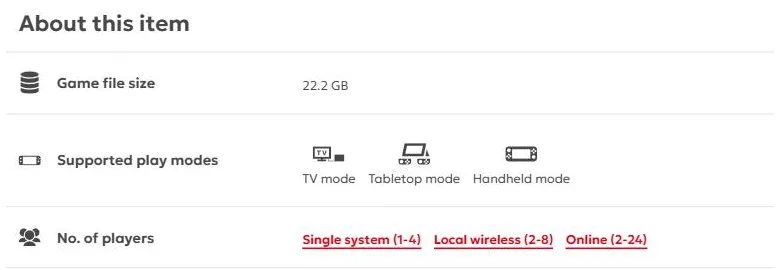 The About this item table on nintendo.com’s Mario Kart World page, showing Game file size 22.2 GB above the supported play modes and number of players
