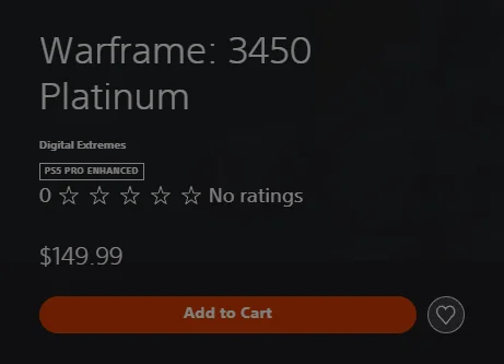 The US PlayStation Store listing for Warframe: 3450 Platinum, priced $149.99